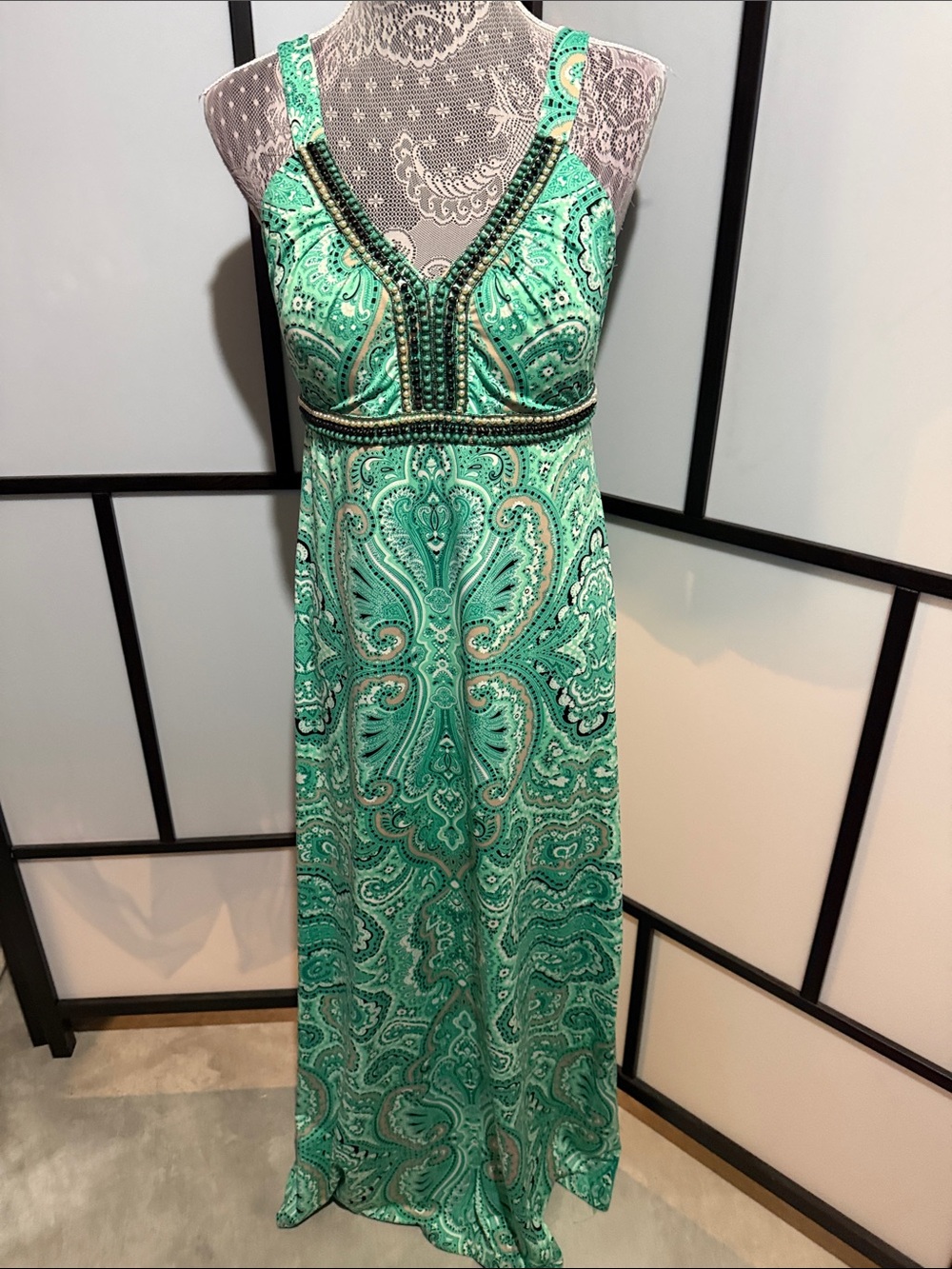 INC International Concepts Teal Paisley Beaded Maxi Dress